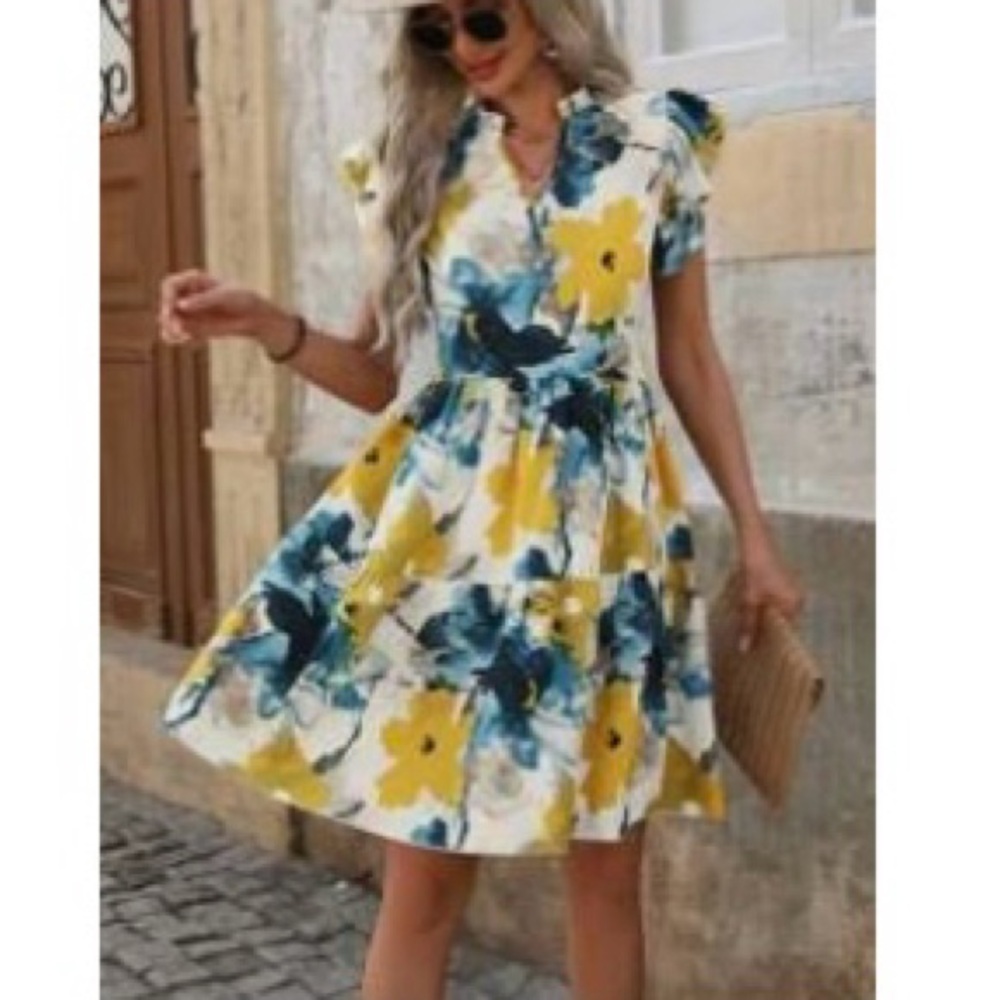 Floral Ruffle Sleeve Mini Dress – Size L (SHEIN)